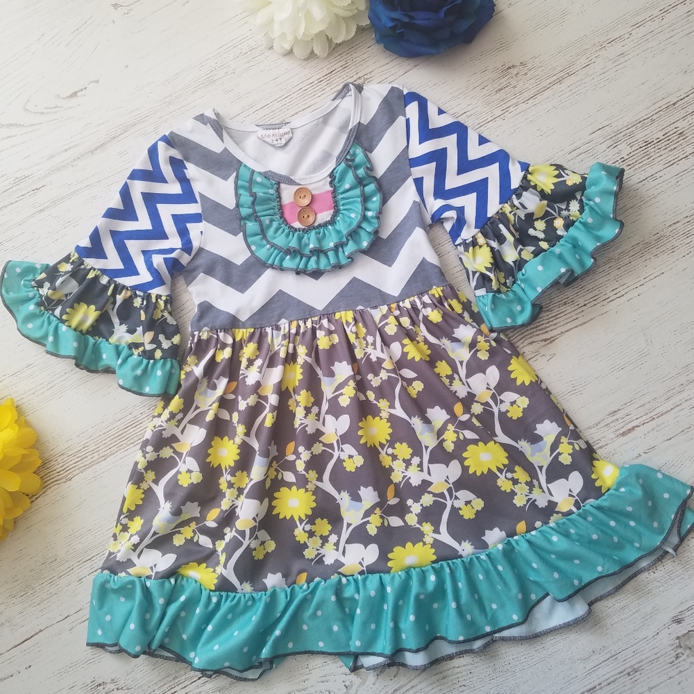 🌈30% off Bundles🌈 Girls Boutique Mixed Media Ruffle Dress Sz 4